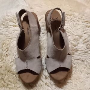 Clarks Bohemian Taupe Soft Suede Leather Lightweight Comfy Cork Wedge Heel
